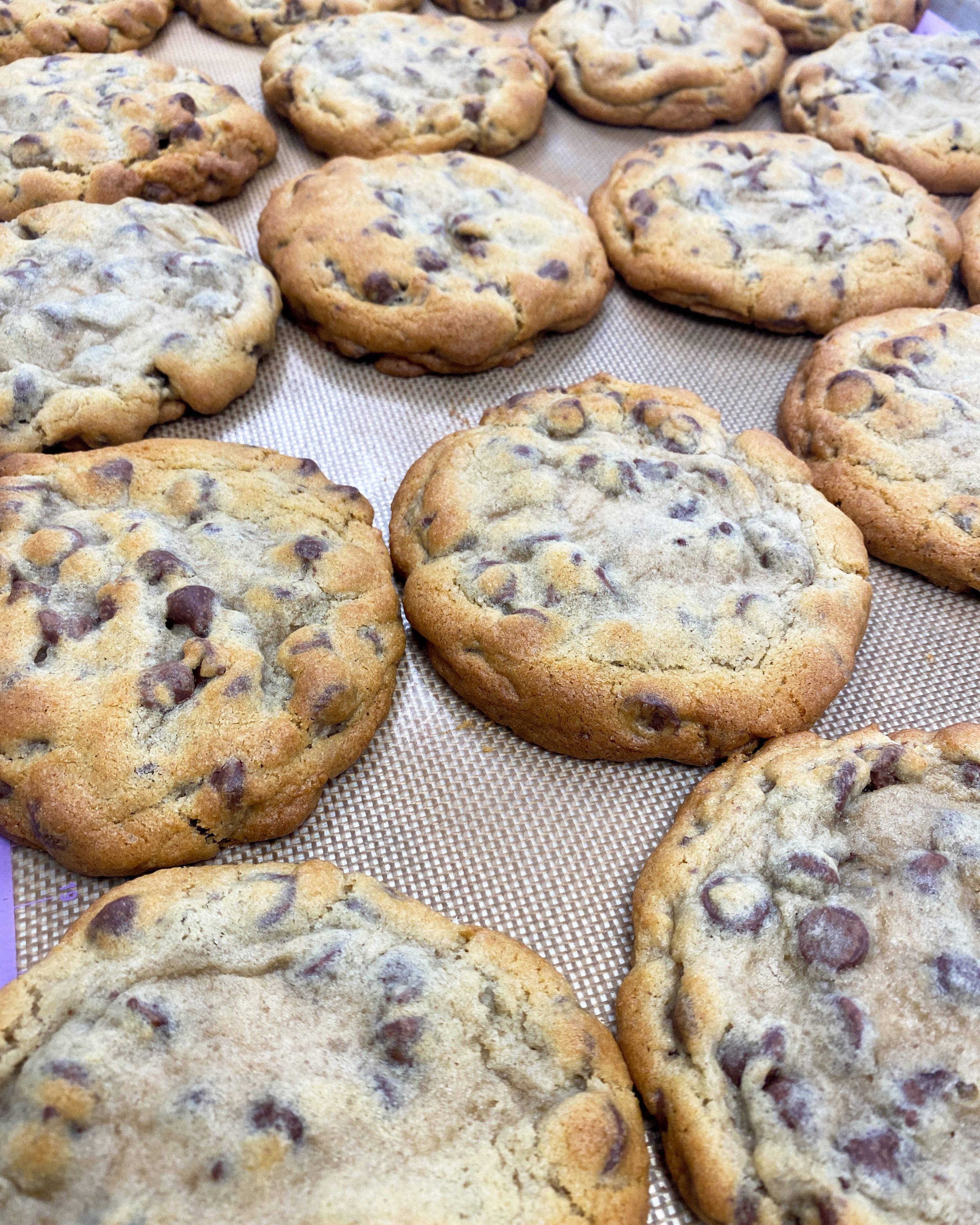 chocolate chip cookies on baking mat